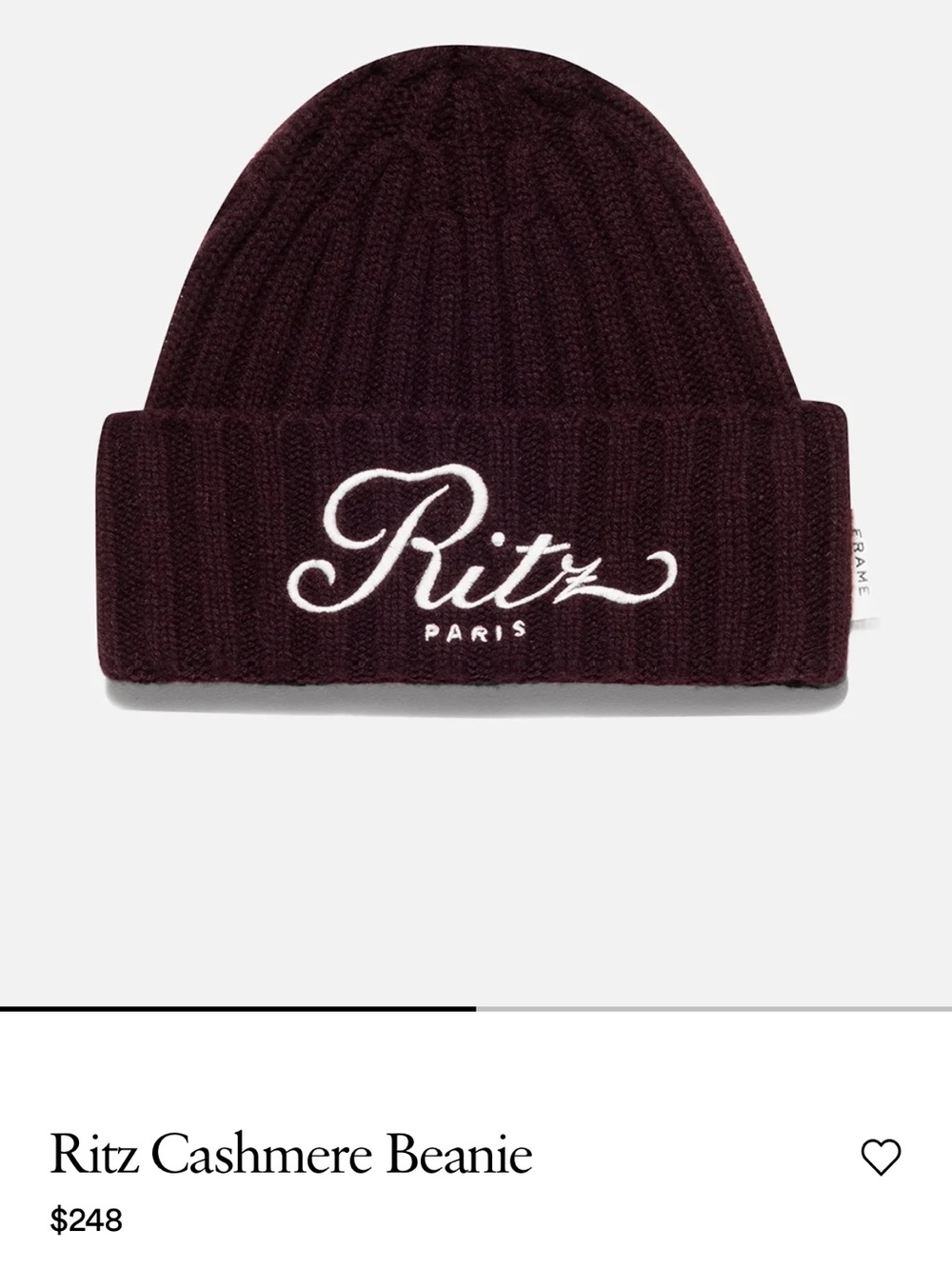 FRAME x Ritz Paris Cashmere Ribbed Beanie Bordeaux Embroidered Logo.